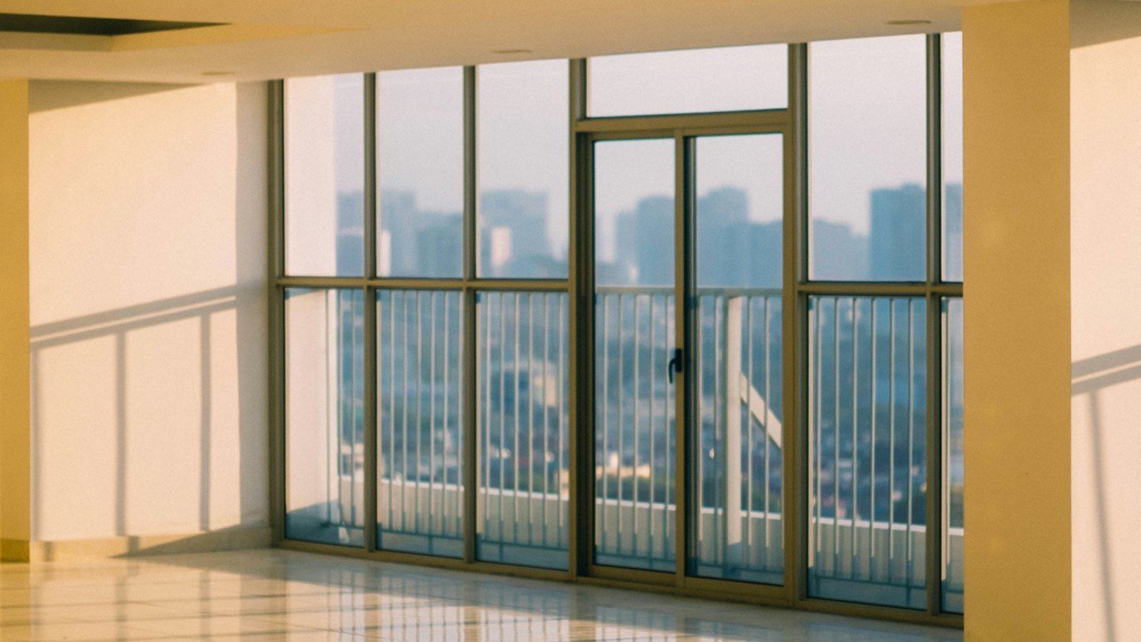 An empty room with floor-to-ceiling windows overlooking a city at dusk